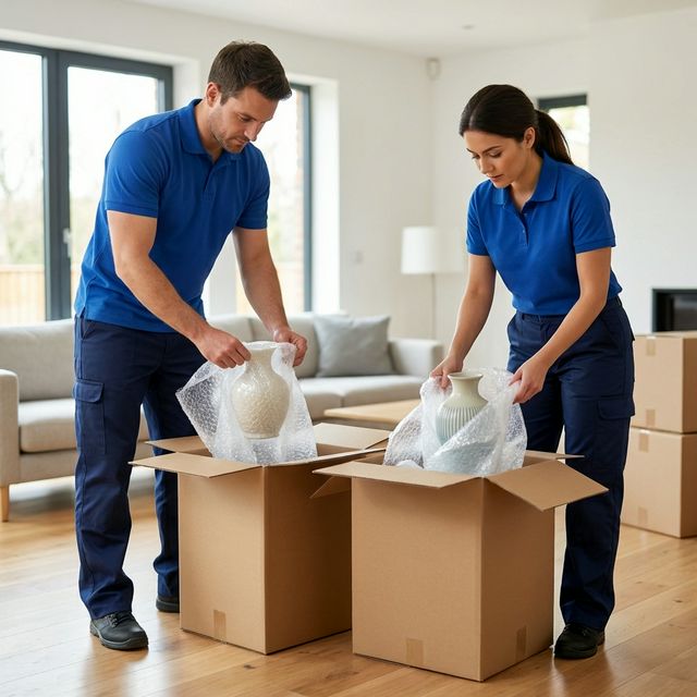 Professional movers carefully packing household items
